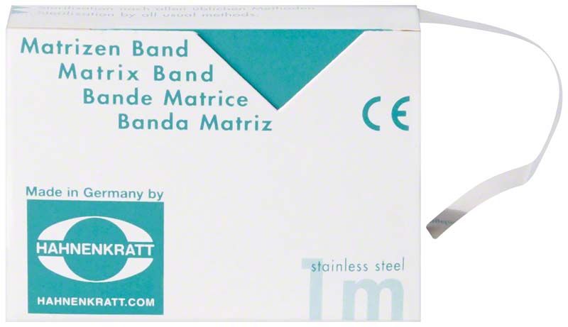 Matrizenband 1m aus Edelstahl, Stärke 0,03mm, Breite 7mm, in Verpackung.