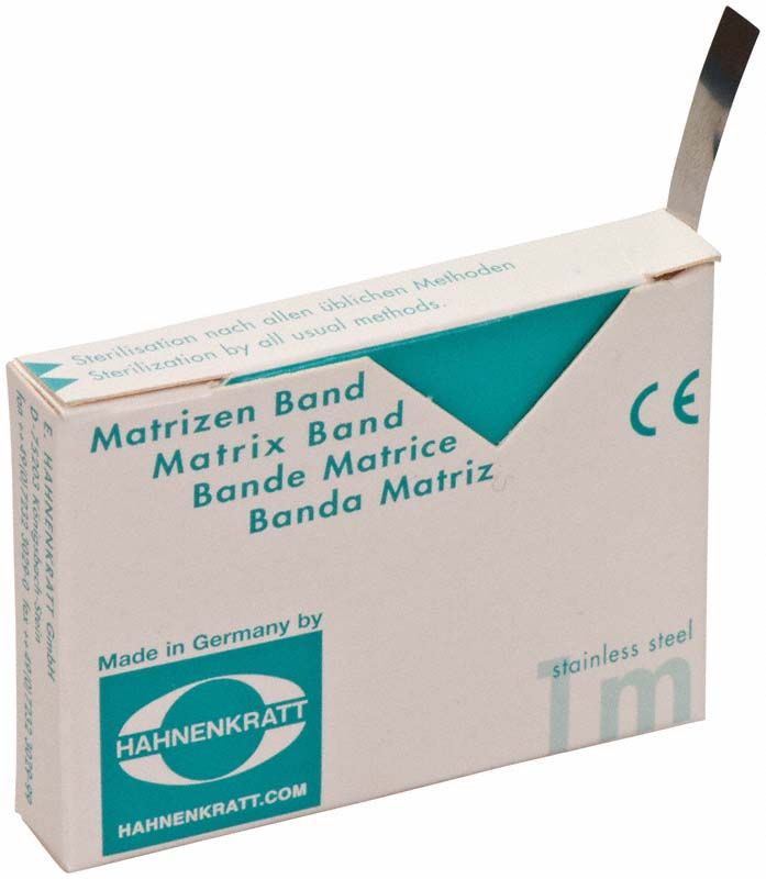 Matrizenband-Verpackung mit Sicht auf Edelstahlband und CE-Kennzeichnung.