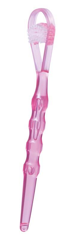 Transparenter, pinker Zungenreiniger Tong-Clin® De Luxe mit Borsten und Schaber.