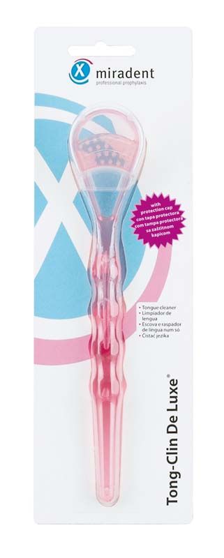 Zungenreiniger Tong-Clin® De Luxe pink-transparent in Verpackung mit Borsten und Schaber.