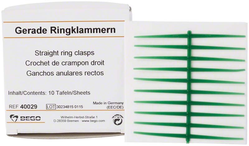 Gerade Ringklammern von BEGO in Verpackung mit grünem Klammerprofil.