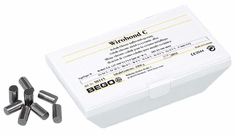 Wirobond® C 1000g Kobalt-Basis-Legierungen in weißer Verpackung mit Metallzylindern.