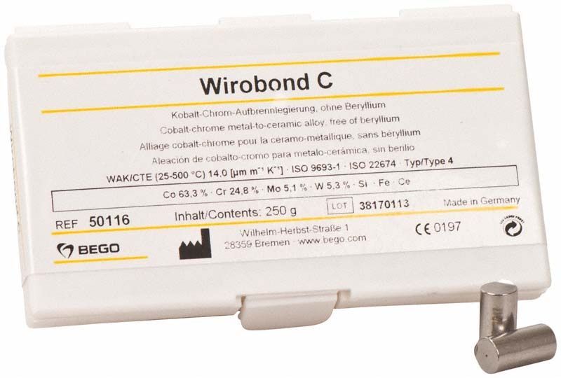 Wirobond® C Kobalt-Chrom-Legierungspulver 250g mit Verpackung und Probe.