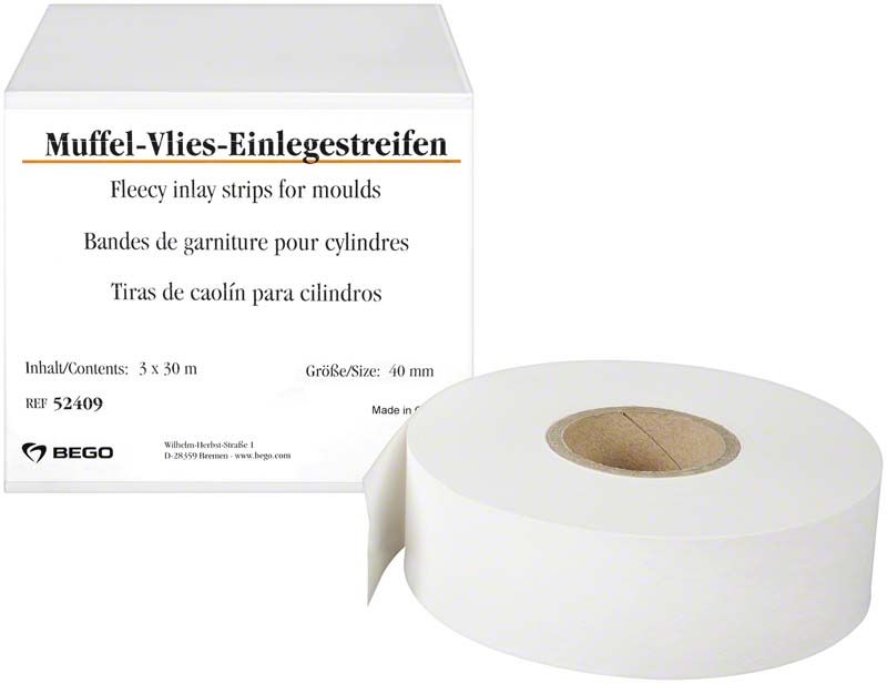 Muffel-Vlies-Einlegestreifen 40mm neben Verpackung mit Produktinformationen.
