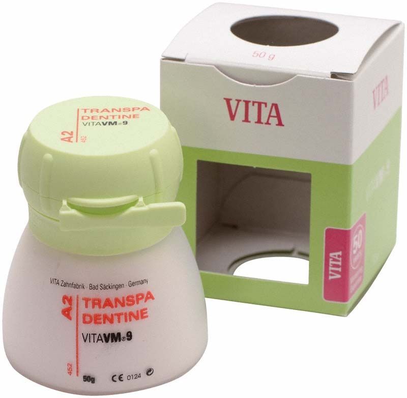 VM9 Classical Transpa Dentin 50g A2 Verpackung mit grünem Deckel und Kartonbox.