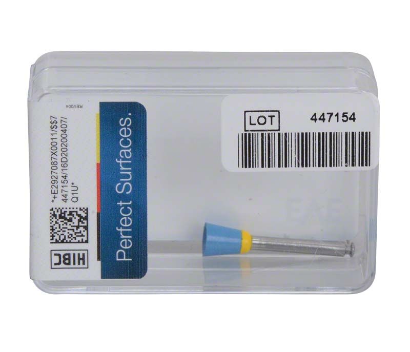 Transparente Verpackung mit EVE Diapol Winkelstück, blau-gelber Schleifkopf sichtbar.