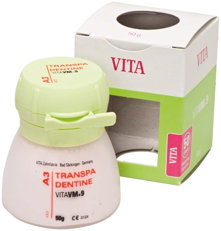 VITA VM 9 Transpa Dentin A3, 50g Dose vor Verpackung.