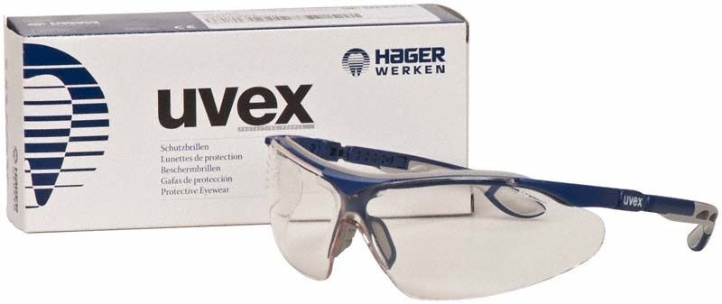 Schutzbrille iSpec Comfort Fit blau/grau vor Verpackung.
