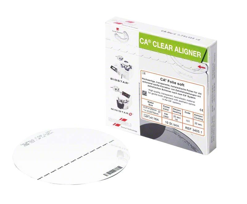 Hochtransparente CA® Folie 10er Soft für zahnmedizinische Anwendungen mit Verpackung.