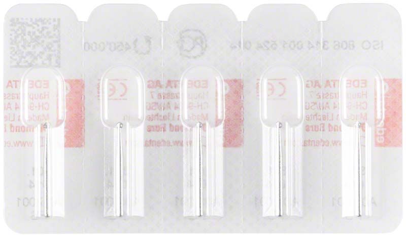 Blisterverpackung mit vier Diamant FG 801 014 Zahnschleifern.