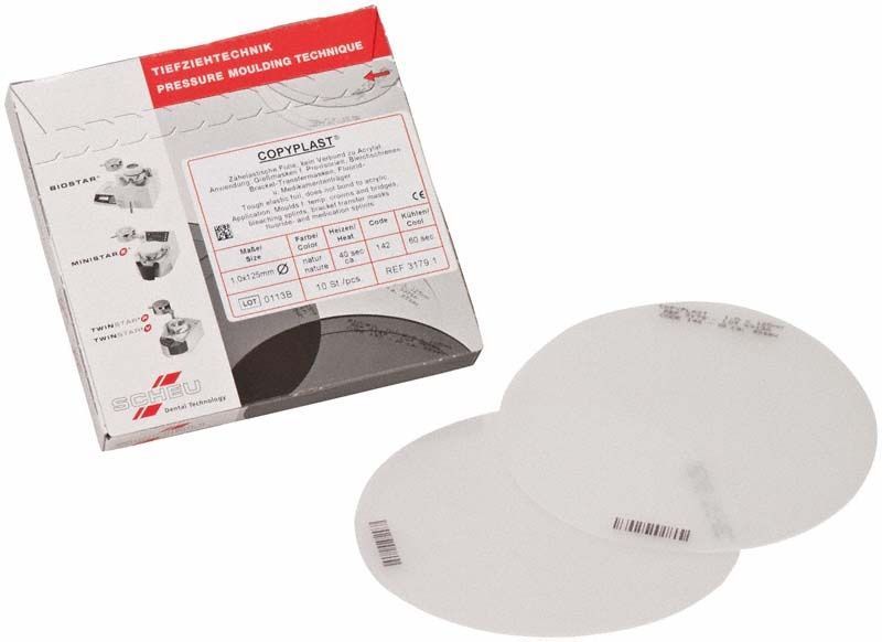 COPYPLAST® Tiefziehfolien, 10 Stück, opak und zähelastisch für Dentalanwendungen.