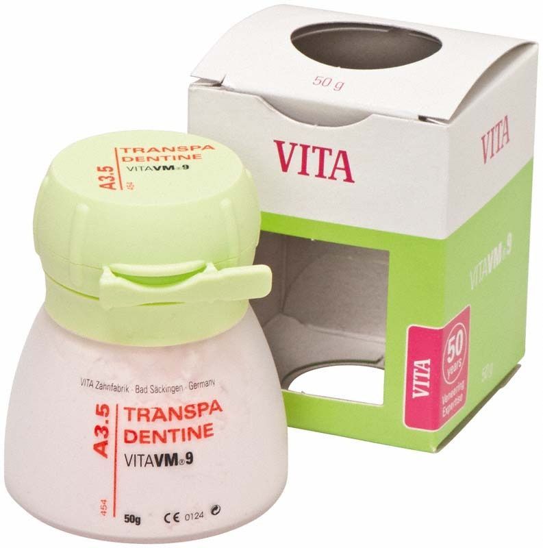 VM9 Classical Transpa Dentin 50g A3,5 Verpackung und Tiegel mit grünem Deckel.