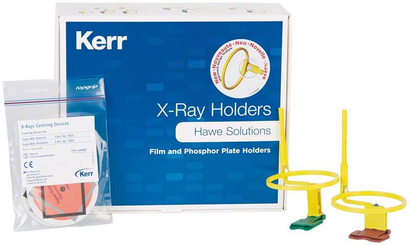 Super-Bite™ Röntgenfilmhalter mit grünem und rotem Halter vor Verpackung.