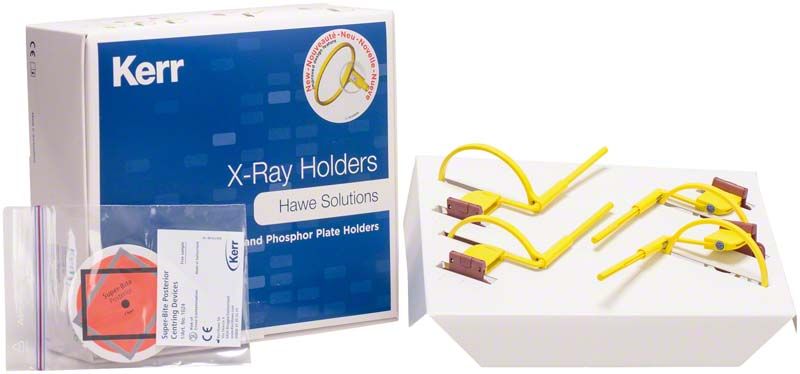 Super-Bite™ mit Ring Posterior Röntgenfilmhalter in gelber Farbe auf Verpackung.
