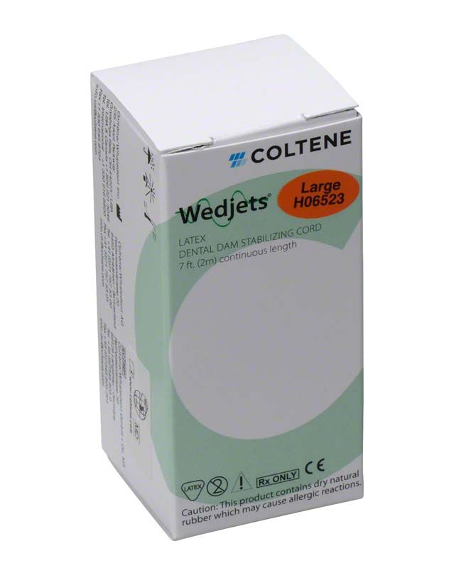 Weiße Verpackung der Hygenic Wedjets Befestigungsschnur mit orangem Etikett "Large".