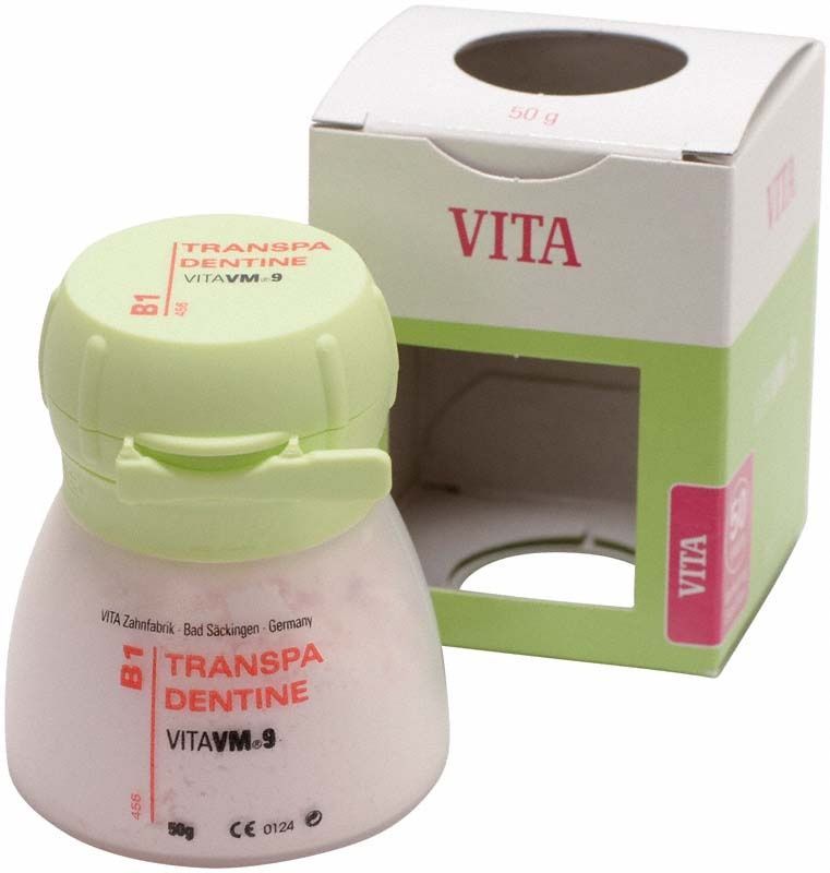 Dose VITA VM9 Classical Transpa Dentin 50g B1 vor Verpackung.