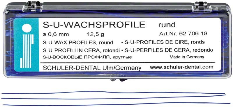 Verpackung von S-U-Wachsprofilen rund Ø 0,6mm mit Produktinformationen.