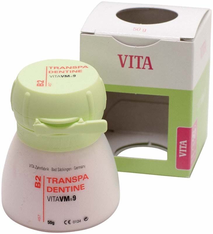 Transpa Dentin B2 Pulver 50g mit Verpackung von VITA VM9.