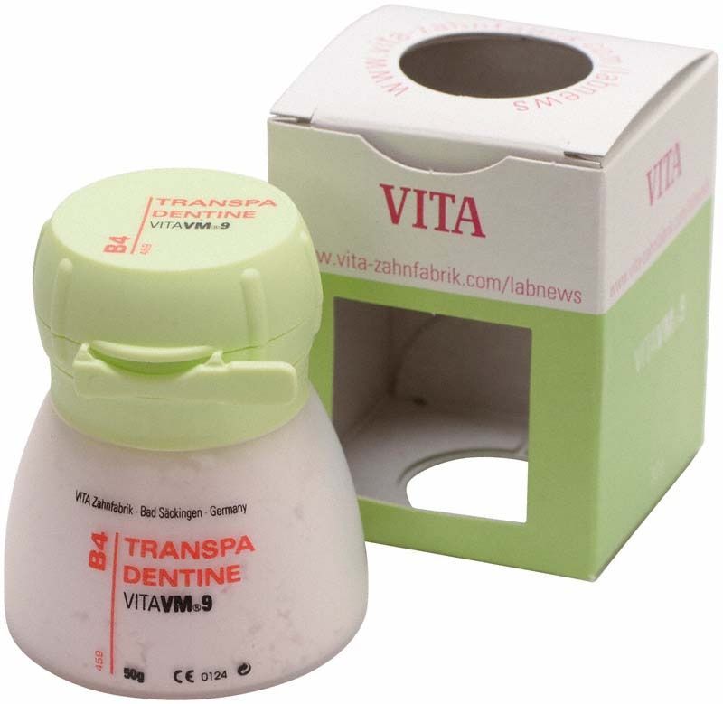 VM9 Classical Transpa Dentin 50g B4 mit Verpackung und grünem Deckel.