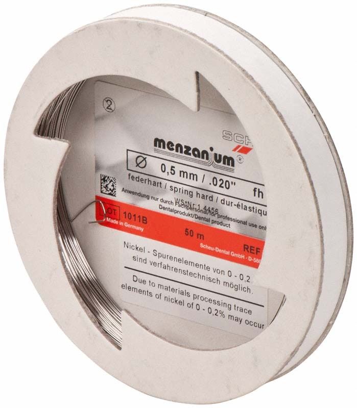 Spulendraht MENZANIUM® federhart, 0,5mm x 50m auf Spule mit Etikett.