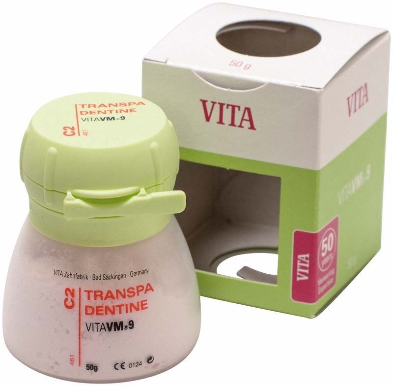 Transparente Dentin-Pulverbox VM9 50g C2 mit Verpackung.