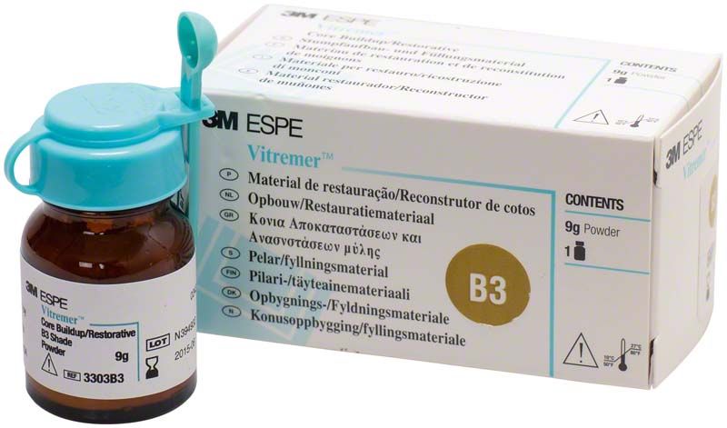 Vitremer Pulver B3 in braunem Glasfläschchen mit Verpackung.