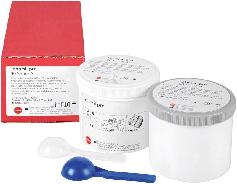 Laborsil pro 90 Shore A Knet-Silikon mit zwei Mischbehältern und Messlöffeln.