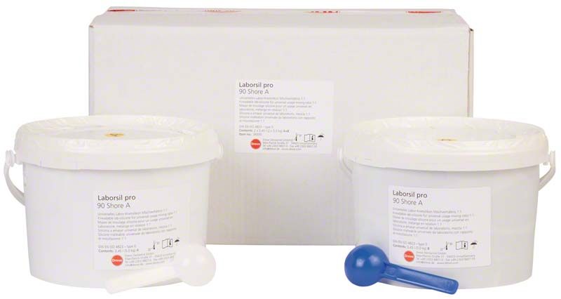 Laborsil pro 90 Set mit zwei weißen Silikonbehältern und Dosierlöffeln.