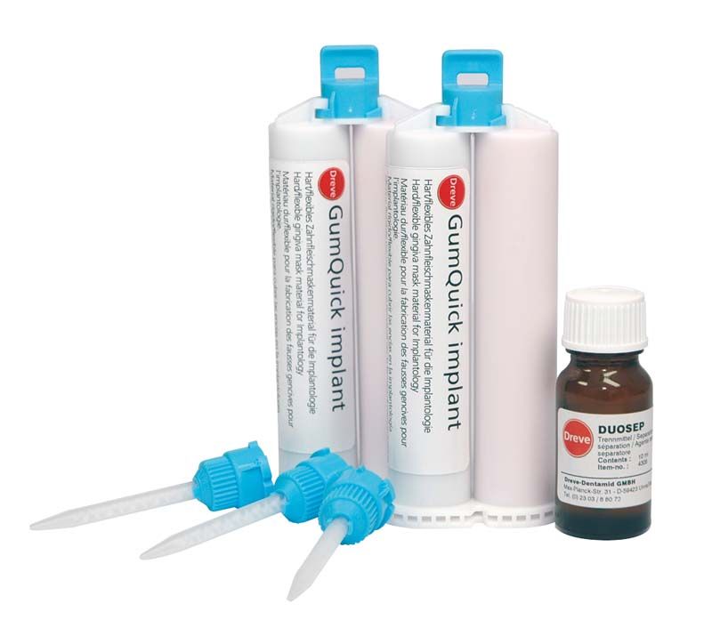 GumQuick implant Zahnfleischmaskenmaterial mit zwei Kartuschen und Dosieraufsätzen.