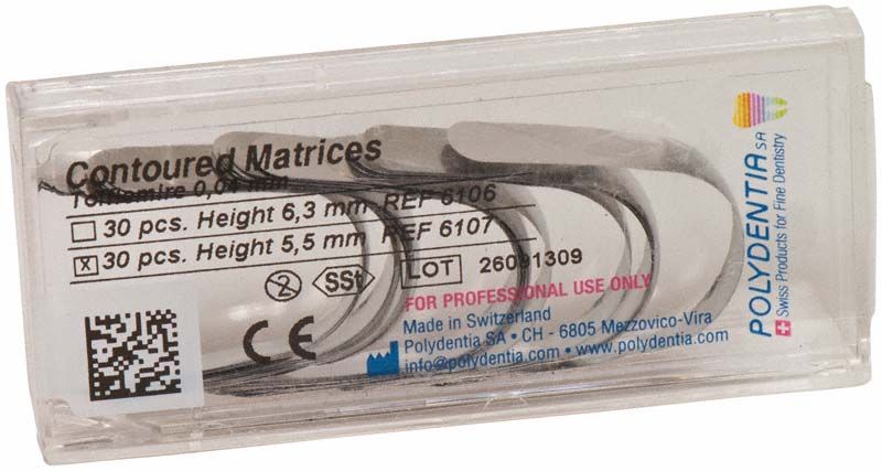 Tofflemire Matrizen in transparenter Box mit Produktinformationen.