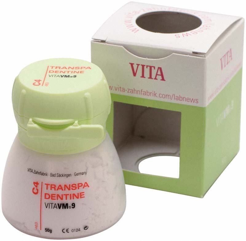 VM9 Classical Transpa Dentin 50g C4 Verpackung und Dose mit Aufschrift.