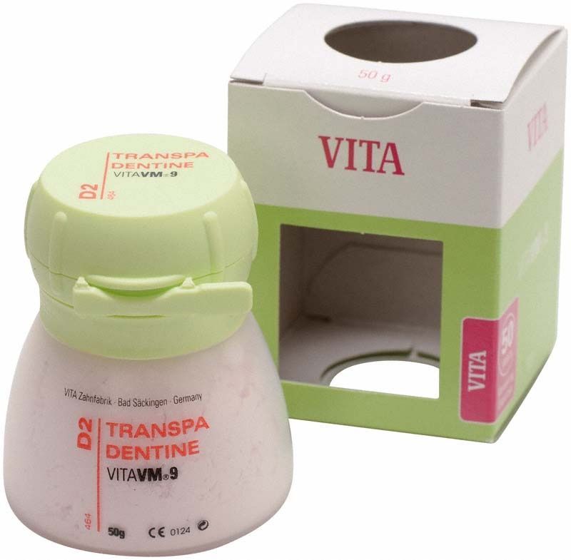 VM9 Classical Transpa Dentin 50g D2 mit Verpackung und grünem Deckel.