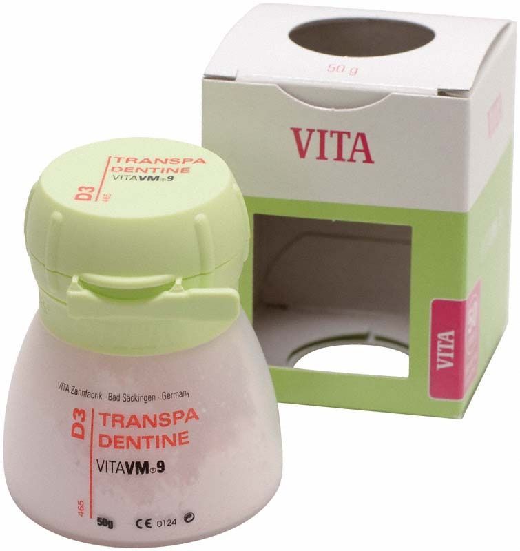 Transpa Dentin VITA VM9 D3, 50g Behälter mit Verpackung.