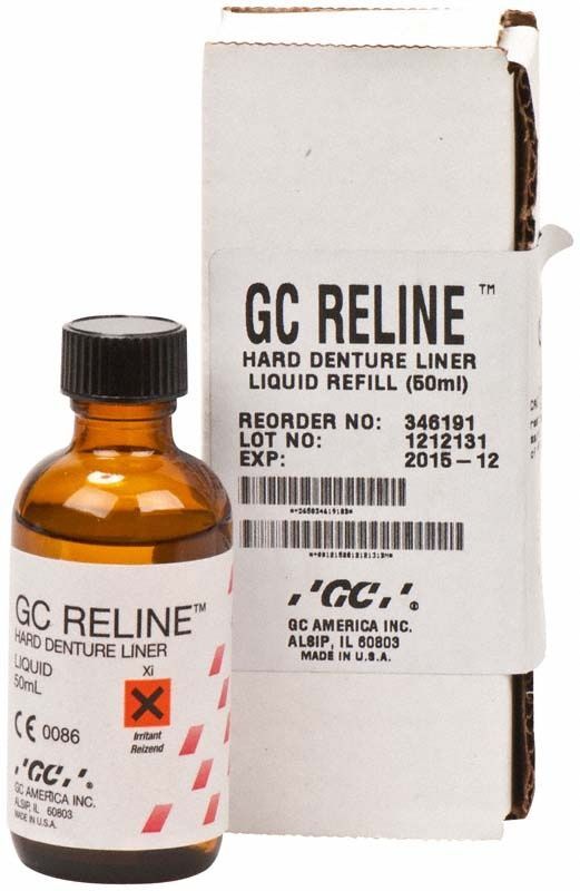GC Reline™ Flüssigkeit 50ml mit Verpackung für Prothesenunterfütterung.