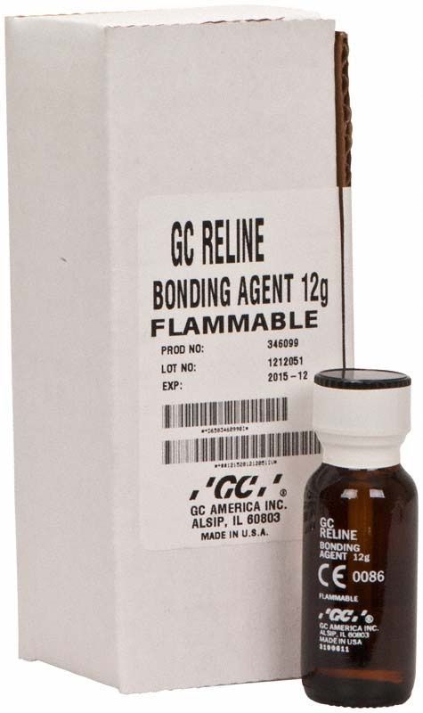 GC Reline Bonding Agent 12g Flasche neben Verpackung mit Etikett.