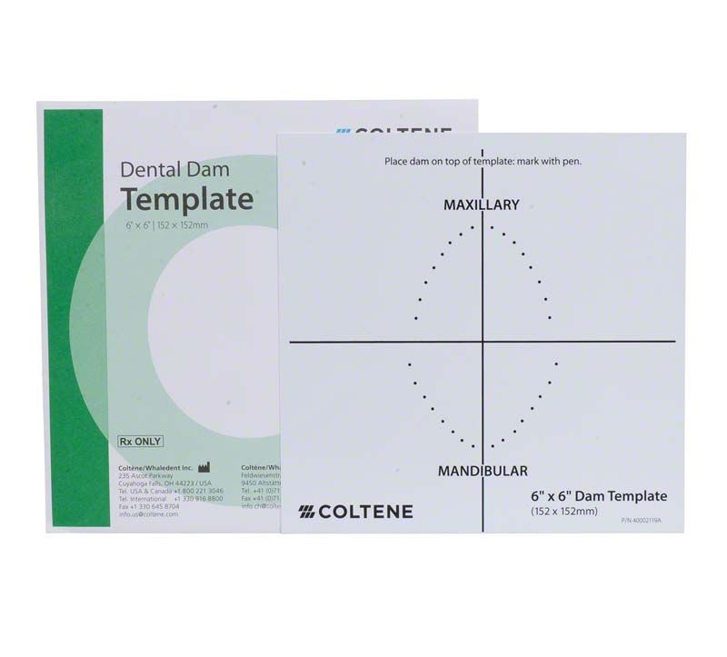 Hygenic Dental Dam Schablone von Coltene mit Anweisungen und Maßangaben.
