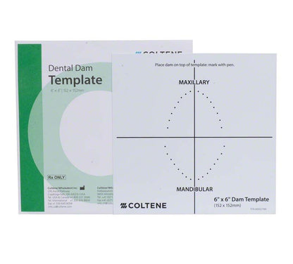 Hygenic Dental Dam Schablone von Coltene mit Anweisungen und Maßangaben.