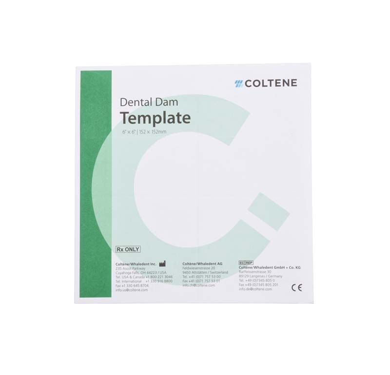Hygenic Dental Dam Schablone Verpackung mit Coltene Logo und Größenangaben.