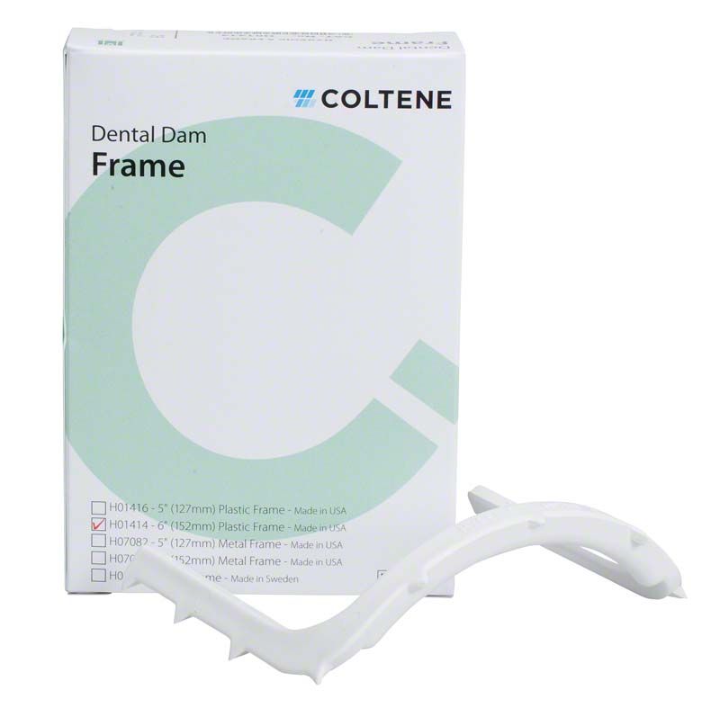 Hygenic Dental Dam Rahmen vor Verpackung mit Coltene-Logo und Produktinformationen.