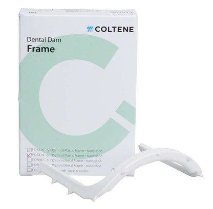 Hygenic Dental Dam Rahmen vor Verpackung mit Coltene-Logo und Produktinformationen.