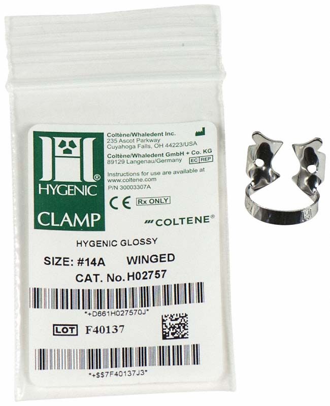 HYGENIC® Flügelklammer Nr.14A für Molaren in Verpackung.