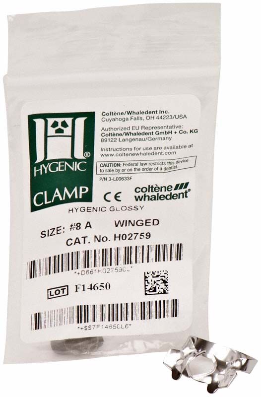 HYGENIC® Flügelklammer Nr. 1 für Eckzähne im OK in Verpackung.