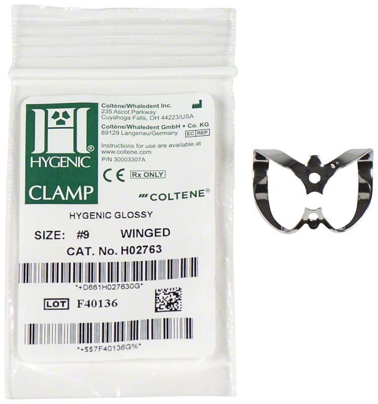 HYGENIC® Flügelklammer Nr. 9 für Frontzähne neben Verpackung.