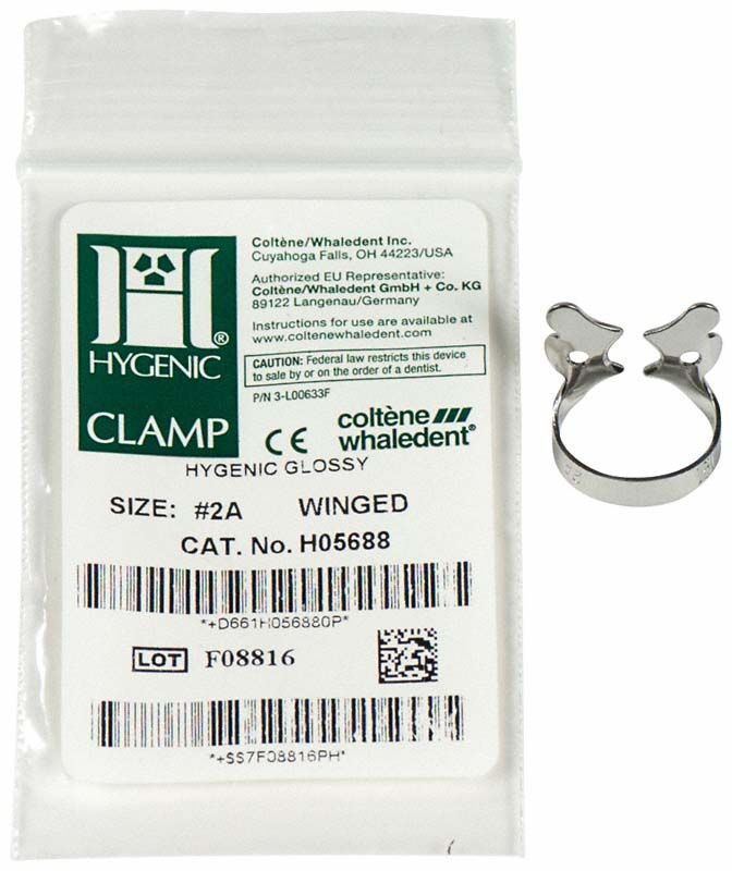 HYGENIC® Flügelklammer Nr.2A für Prämolaren mit Verpackung.