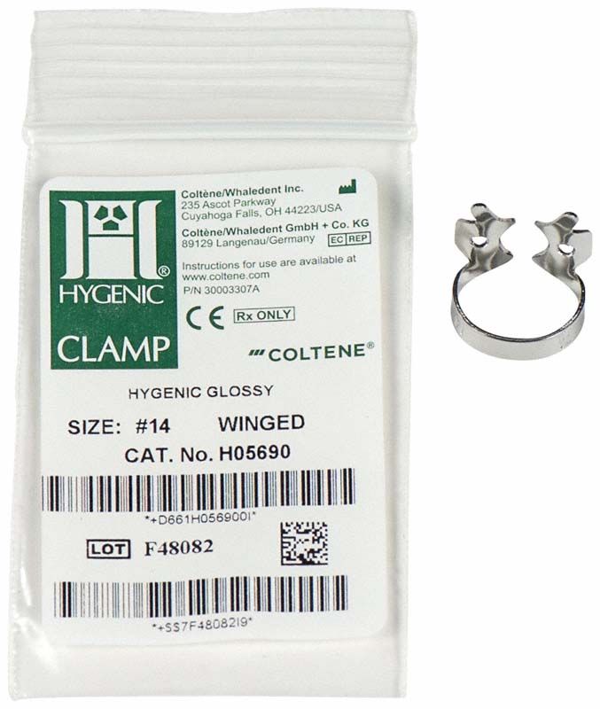 HYGENIC® Flügelklammer Nr.14 für Molaren in Verpackung.