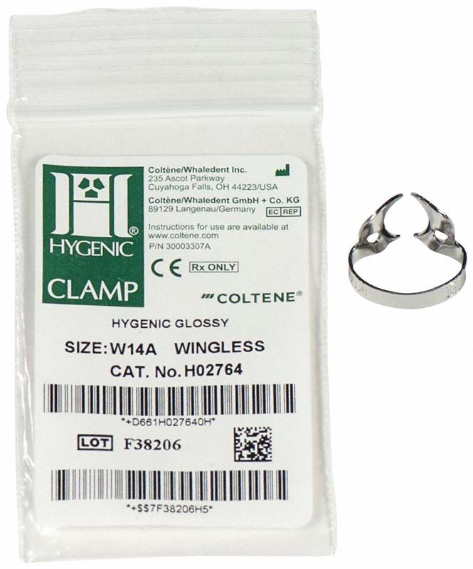 HYGENIC® flügellose Klammer Nr. W14A für Molaren mit Verpackungsetikett.