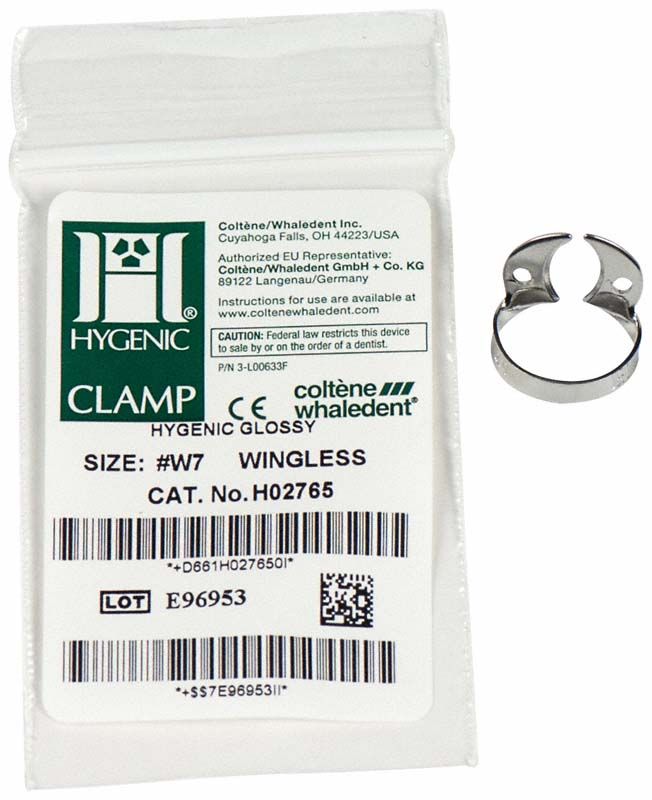 HYGENIC® flügellose Klammer Nr.W7 für Molaren im Unterkiefer neben Verpackung.