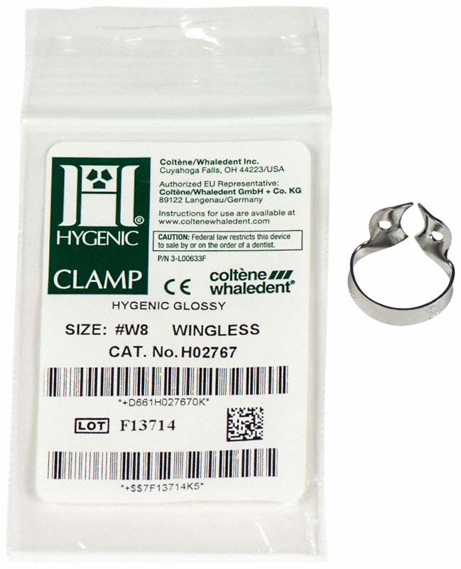 Klammer Nr. W8 für Molaren im Oberkiefer mit Verpackungsetikett.