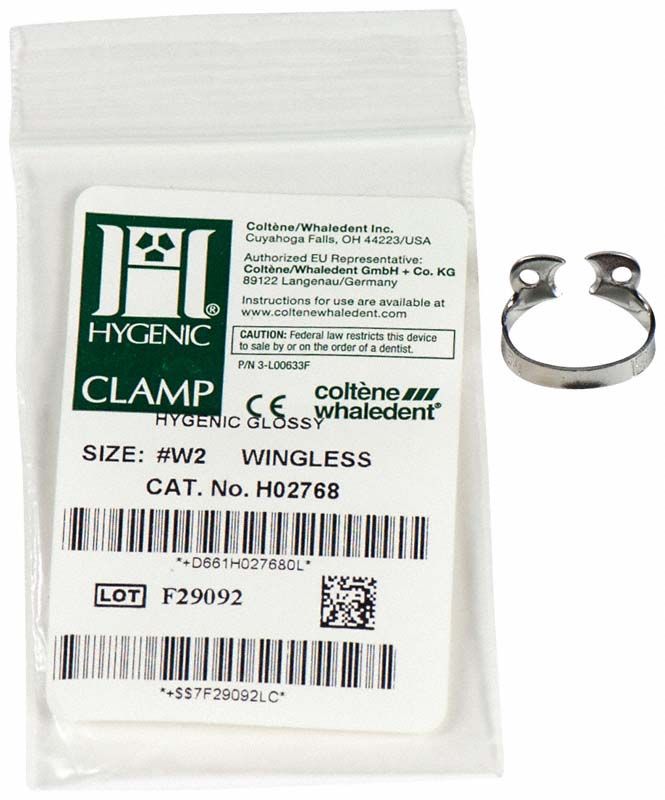 HYGENIC® flügellose Klammer Nr.W8A für Molaren neben Verpackung.