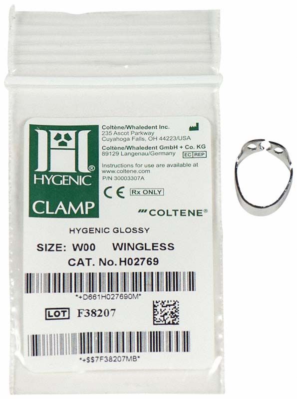 HYGENIC® flügellose Klammer Nr.W00 neben Verpackung mit Produktinformationen.